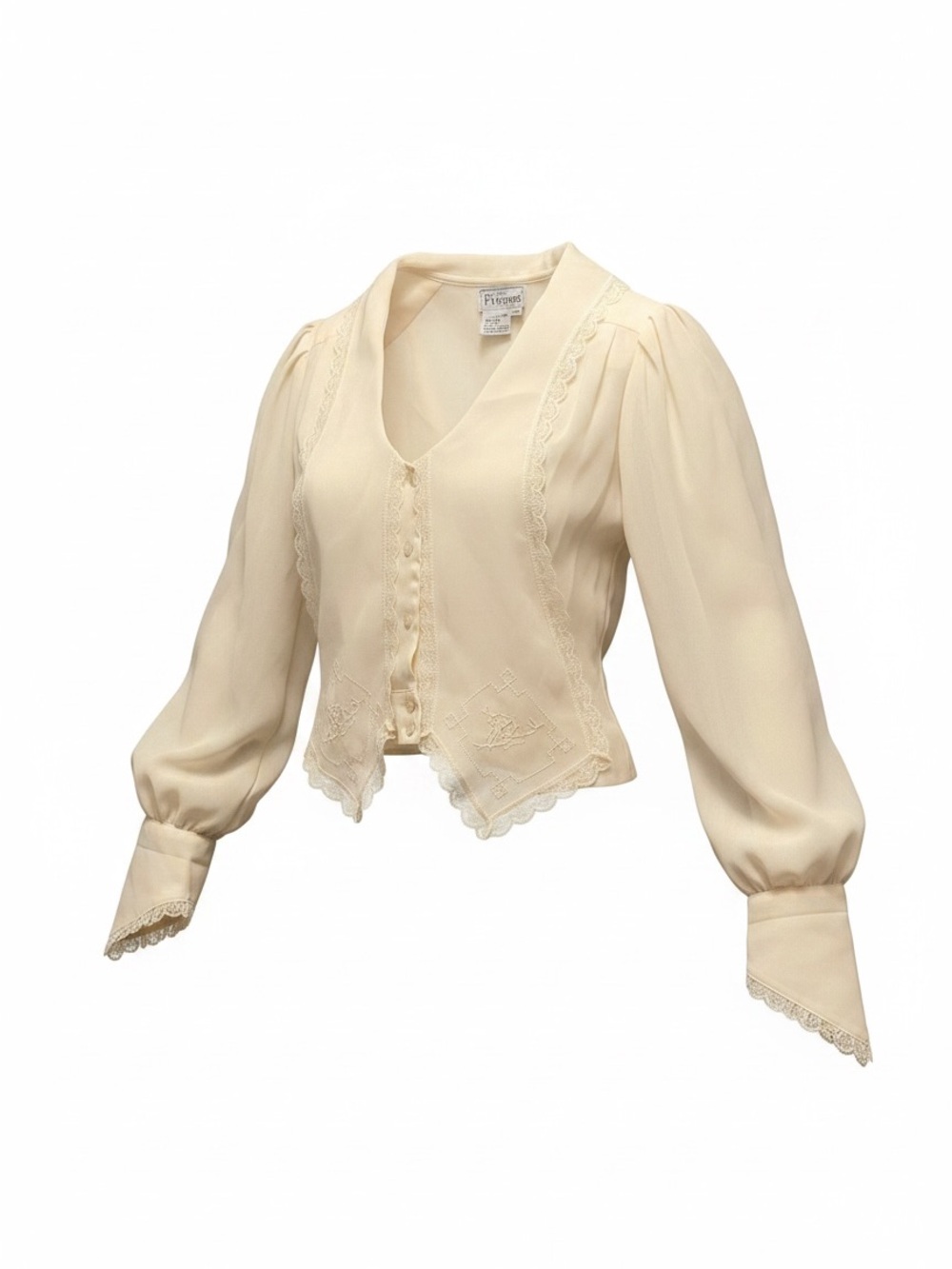 Vintage 80s Nancy Johnson Cream Lace Trim V-neck Blouse Romantic Coquette